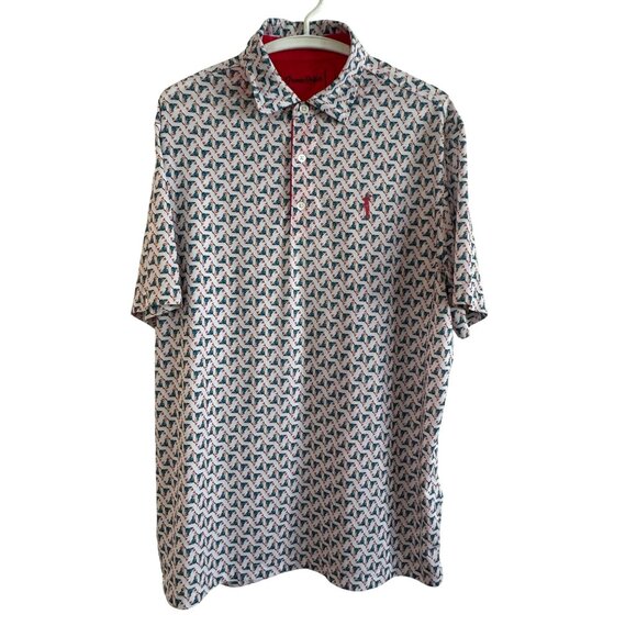 Grunk Dolfer Polo Shirt Mens Large Polyester Spandex Multicolor Geometric Short - Picture 1 of 6